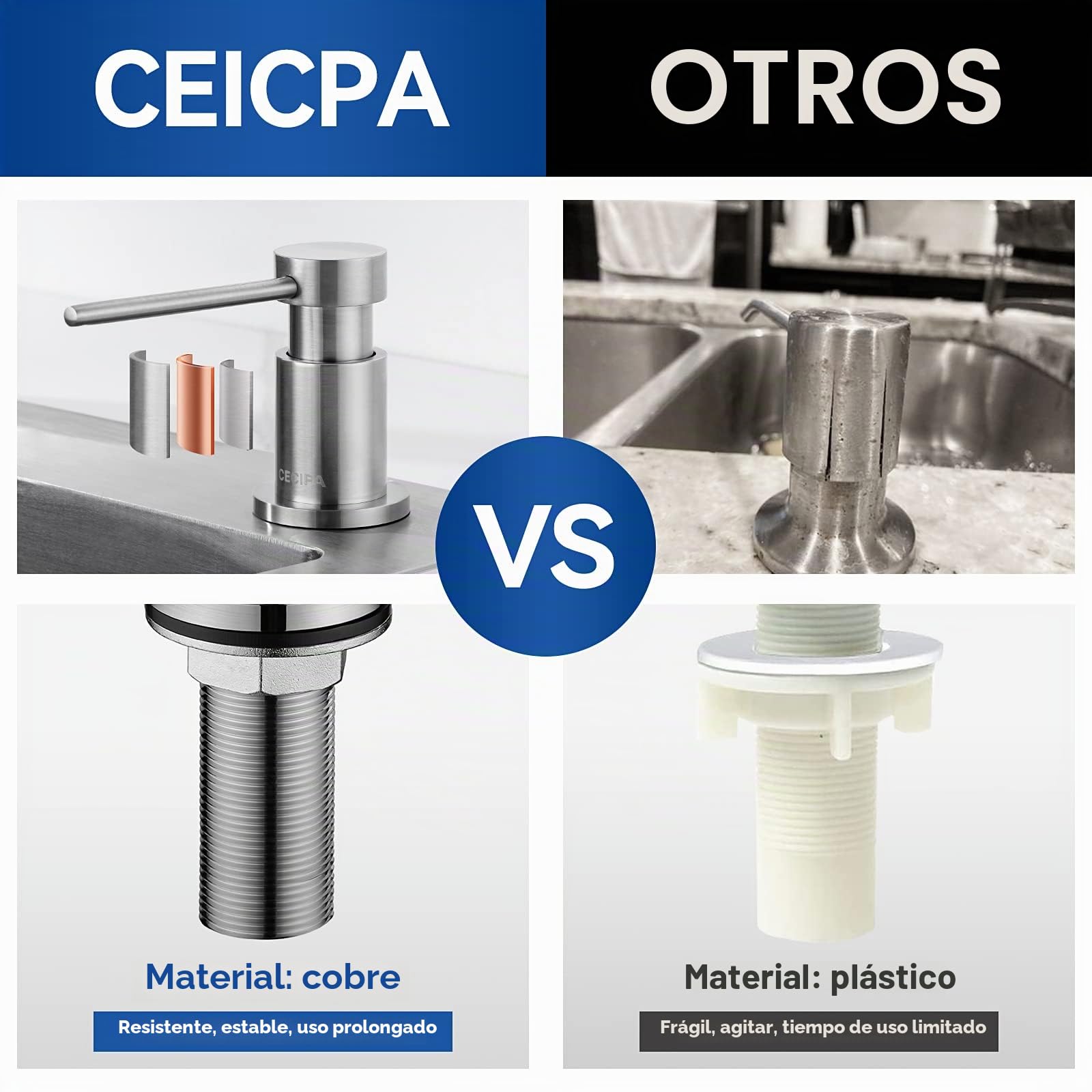 CEICPA,Dispensador de jabón para Cocina, dispensador de jabón para Fregadero con Botella de 500 ml y Manguera de extensión de 1.2 m, Bomba giratoria de 360°, Cepillado