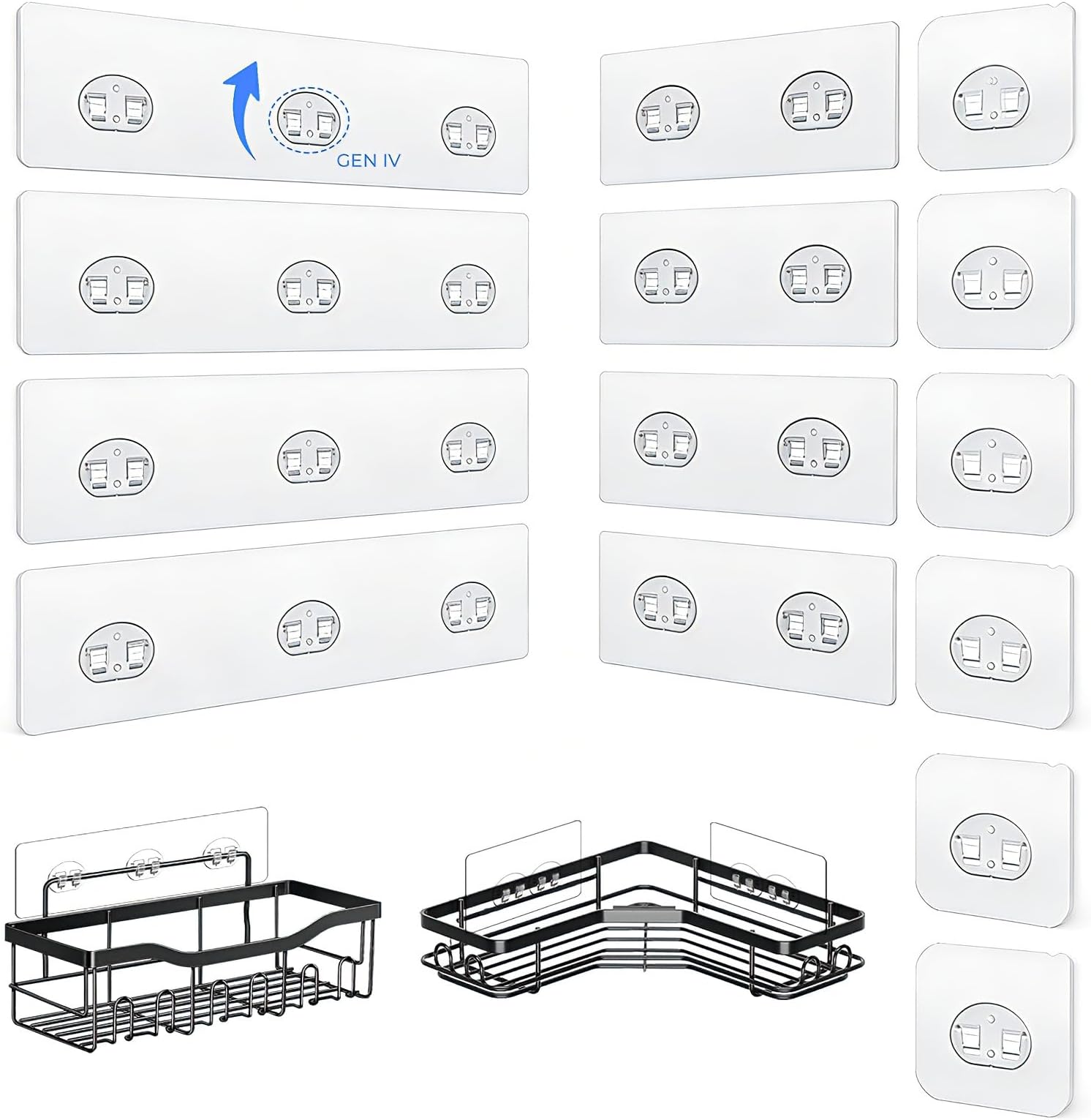- Shower Caddy Adhesive Replacement Hooks, Strong Waterproof Strips, No Drilling for Bathroom Shelves, Kitchen Racks, and Soap Holders (Transparent-14 Pack)