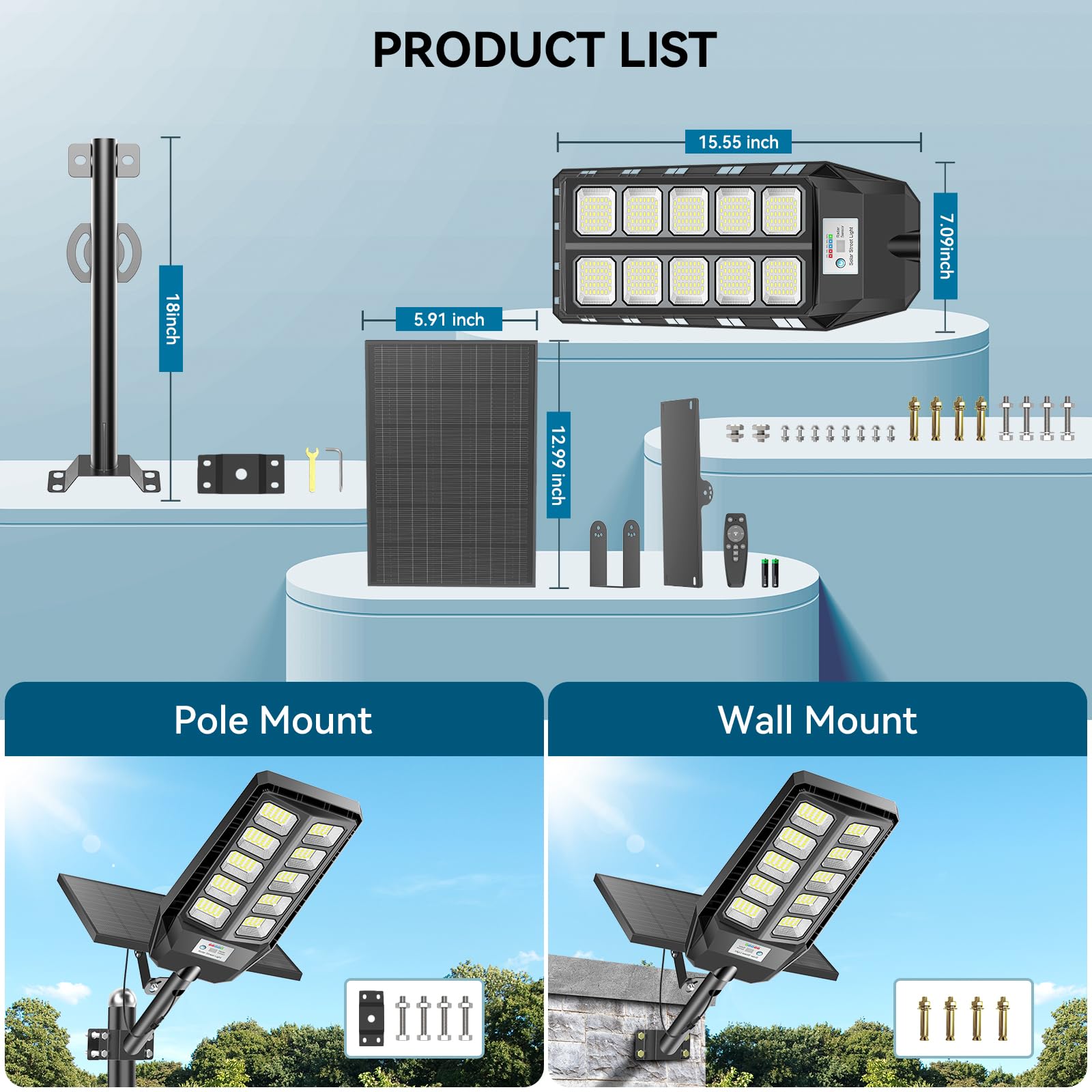 Adewalk 1000W Solar Straßenlaterne mit Fernbedienung, IP66 Wasserdichte Solarlampen für Außen mit Bewegungssensor, 6500K Split Solarleuchten LED Solar Strahler Außen für Gärten Garage Straßen