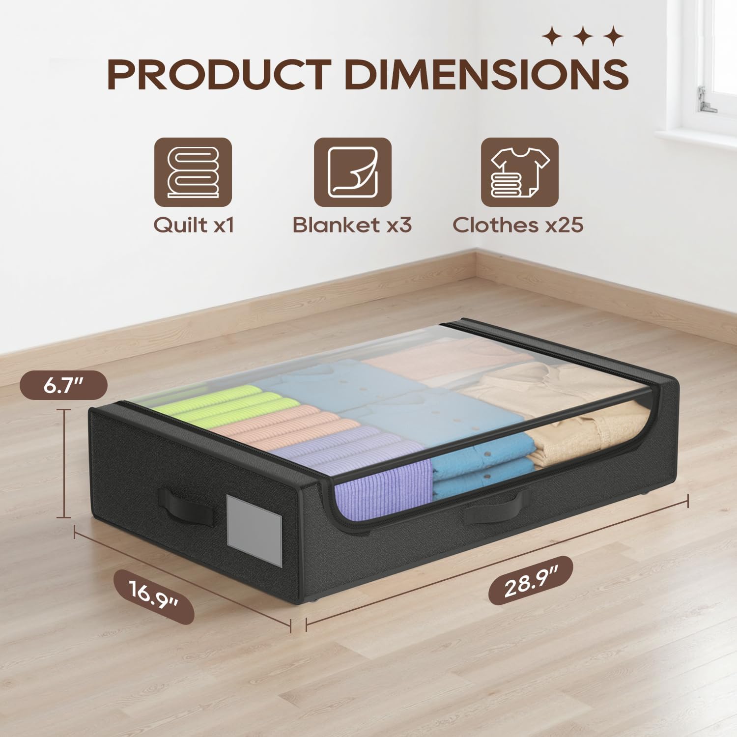 2 Pack Under Bed Storage Containers,53L Under bed Storage with wheels,Metal Frame,Black