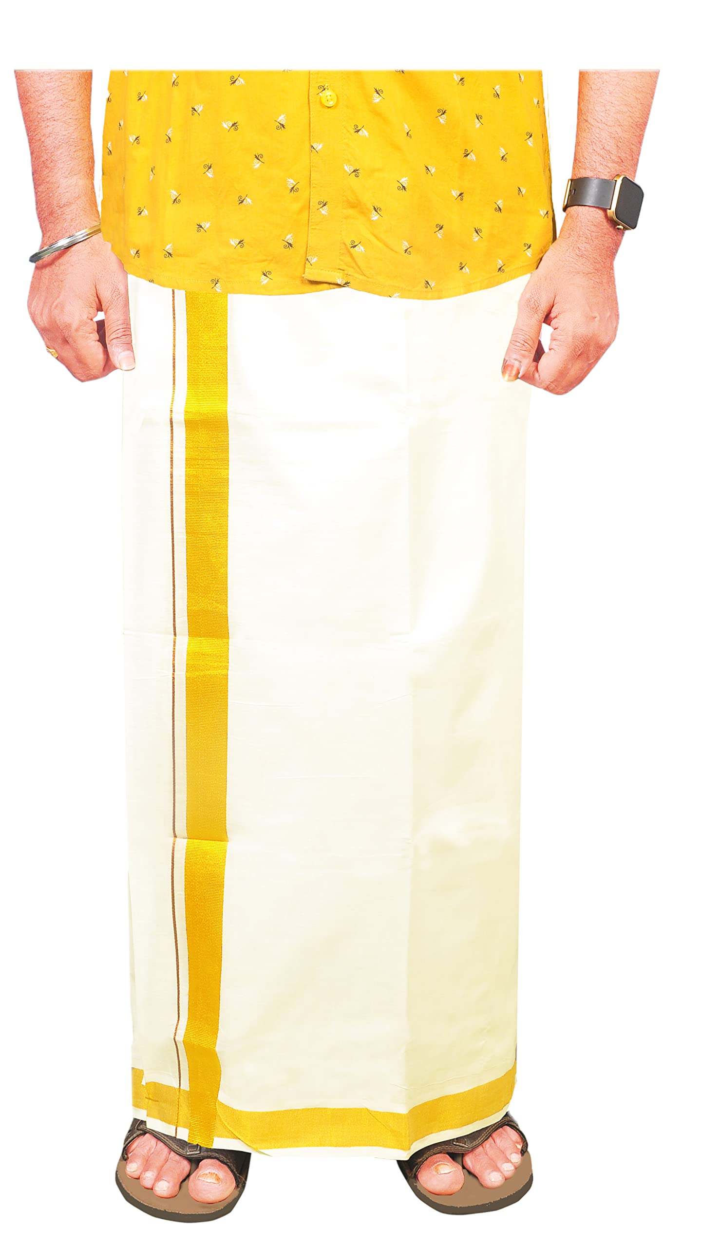 Mens 100% Cotton Cream Dhoti with Flora Jari Border 4.00 Meters Double Mundu/Vesti (1 INCH FLORA JARI)-image-29