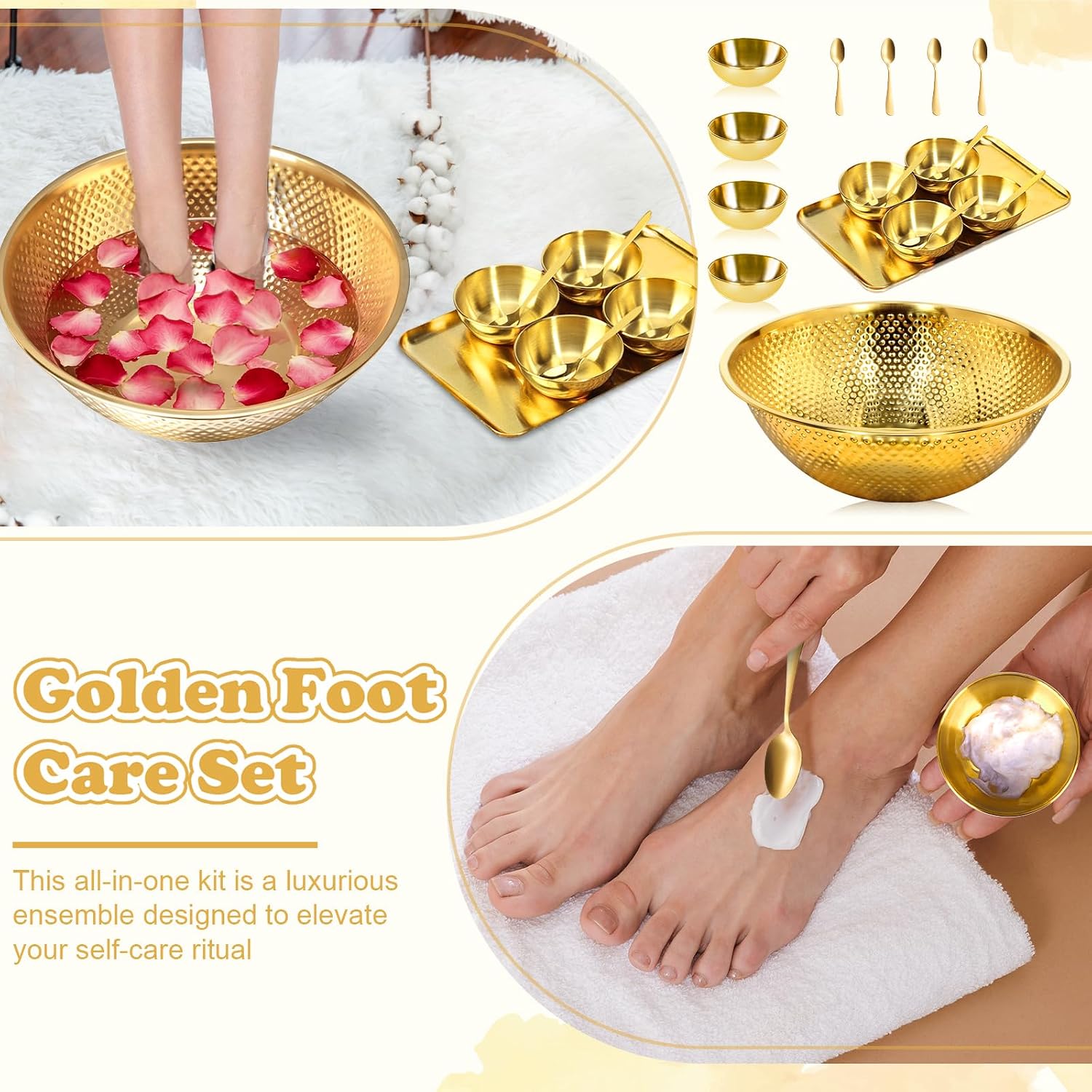 10 Pcs Large Pedicure Bowl Set Round Hammered Pedicure Bowl Pedicure Tray Spa Tray Gold Serving Tray Foot Soaking Tub 4 Pcs Small Gold Mixing Bowl 4 Pedicure Spoons Foot Soak Set for Foot Spa Salon