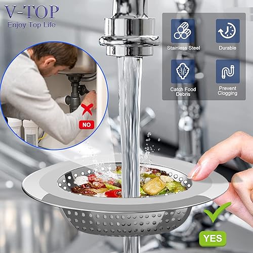 Miniatura 3 de Colador de drenaje para fregadero de cocina, paquete de 4 coladores de fregadero de acero inoxidable y malla negra para cocina con borde ancho