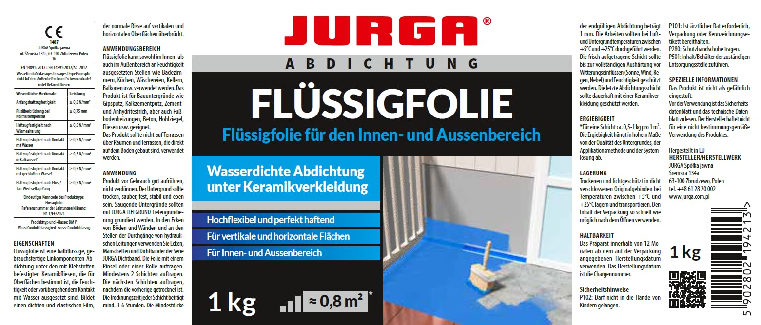 JURGA Pellicola liquida da 12 kg (circa 10 m²), per bagno e doccia, per esterni e interni, impermeabilizzazione del bagno, senza solventi
