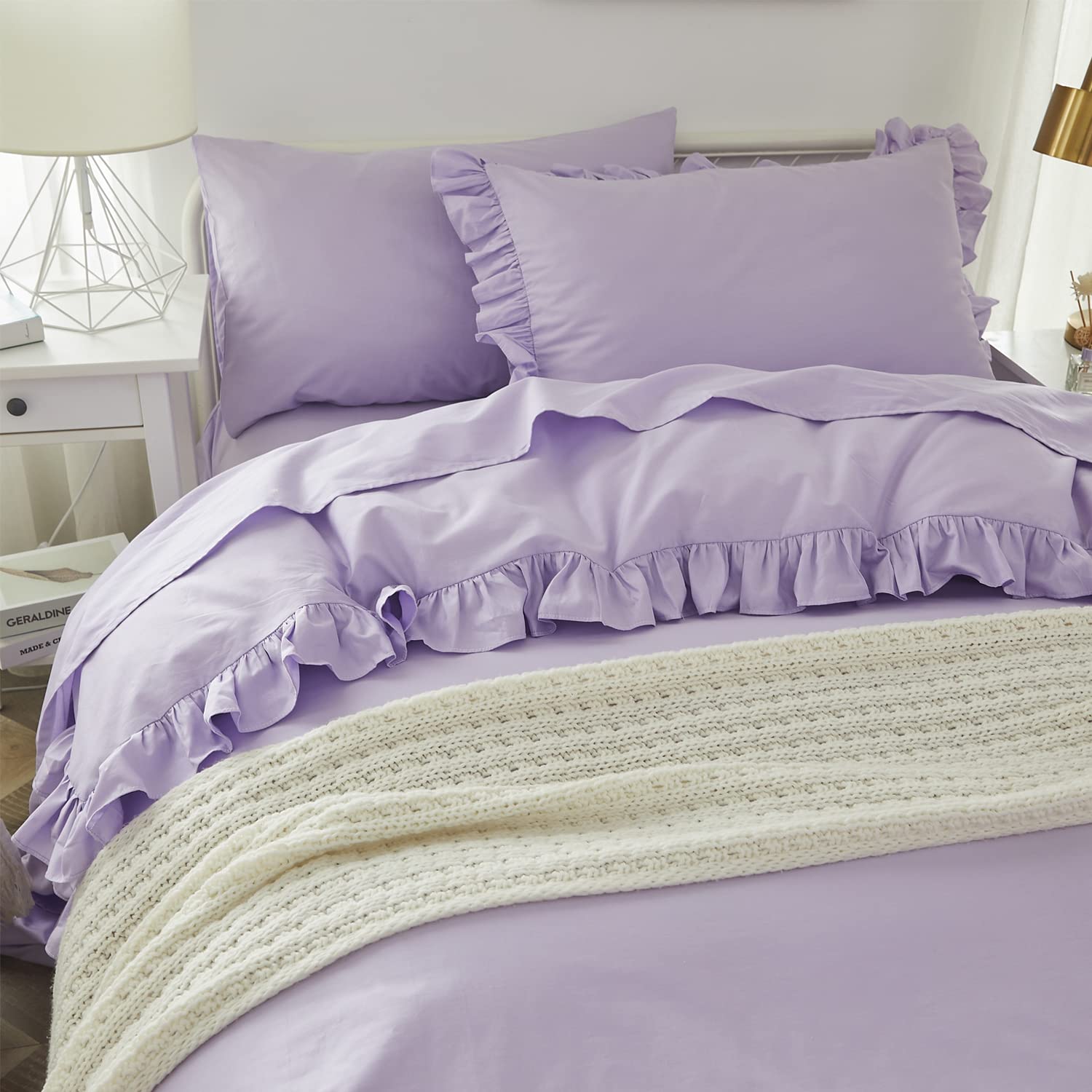 Brandream Kids Bedding Set Full/Queen Size 100% Organic Cotton Duvet Cover Shams Set for Girls 3pc, Delicate Ruffle Fringe Solid Color Soft and Breathable (Purple)