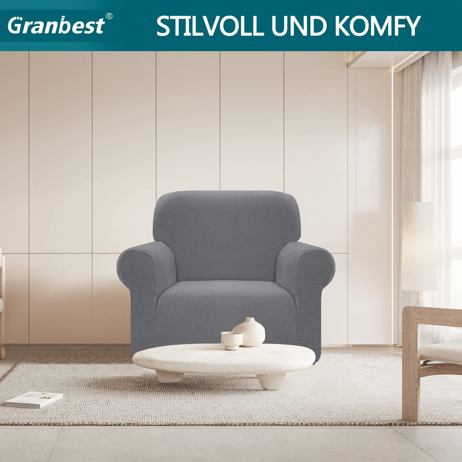 Granbest Copridivano elasticizzato, impermeabile, 1 pezzo, in spandex, jacquard, con gommapiuma antiscivolo (1 posto, grigio chiaro)