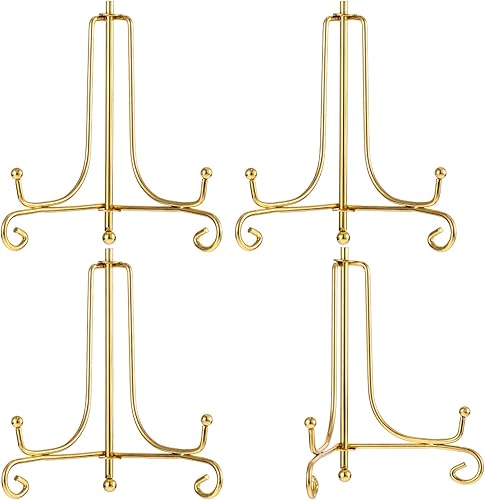 Tatuo Paquete de 4 soportes de placa para exhibición, soporte de placa dorada de 4 pulgadas, soporte de fotos de caballete de hierro para decoración