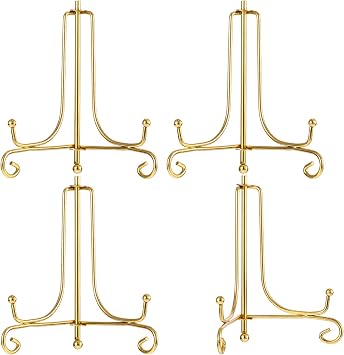 Tatuo 4 Pack Plate Stands for Display 4 Inch Gold Small Iron Display Holder Easel for Plates, Picture, Photo, Decorative Displays Card, Artwork for Home Decor, Wedding Centerpieces, Coffee Shop Menu