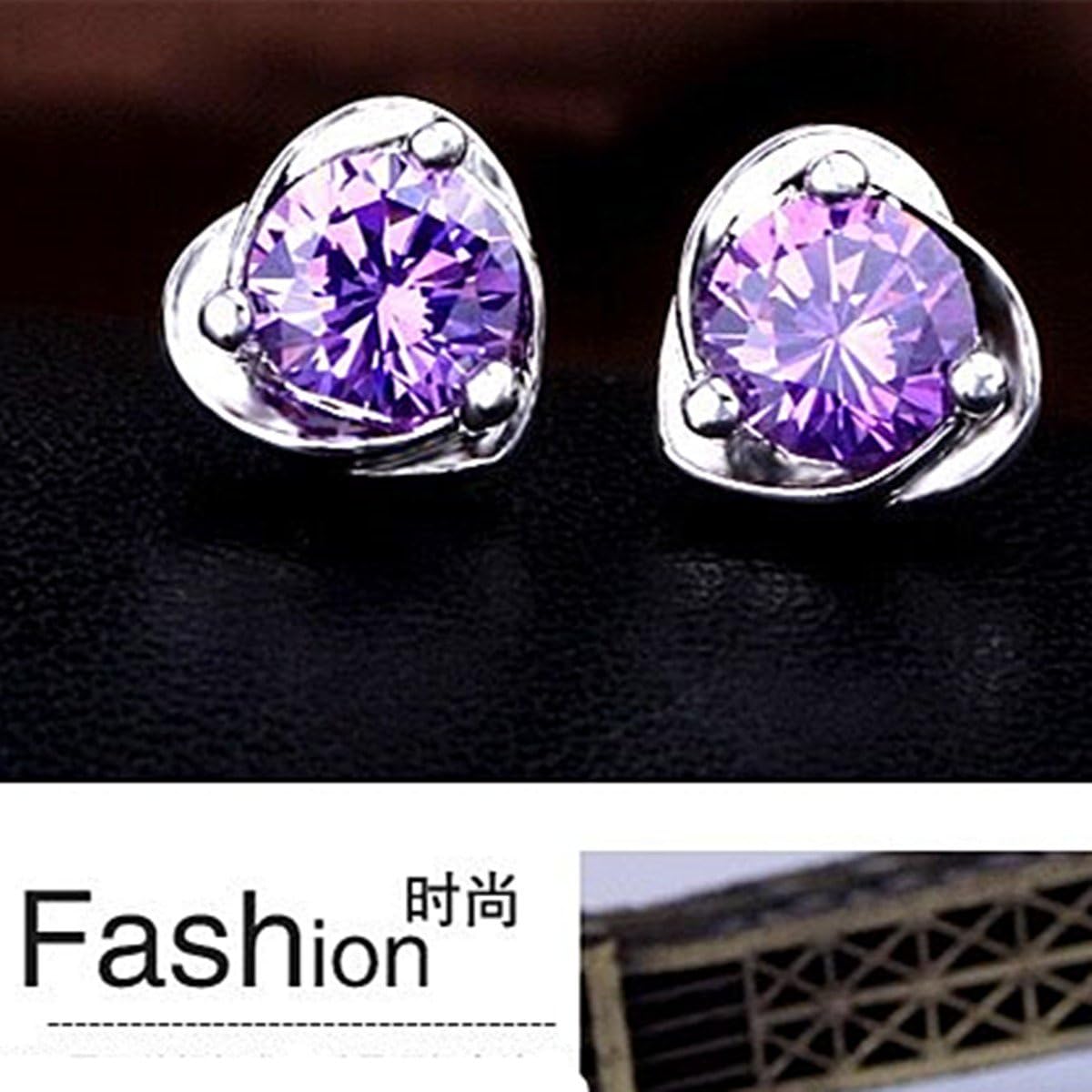 18K White Gold Plated Fashion Jewelry Purple Crystal Stone Lady's Charming Stud Earrings