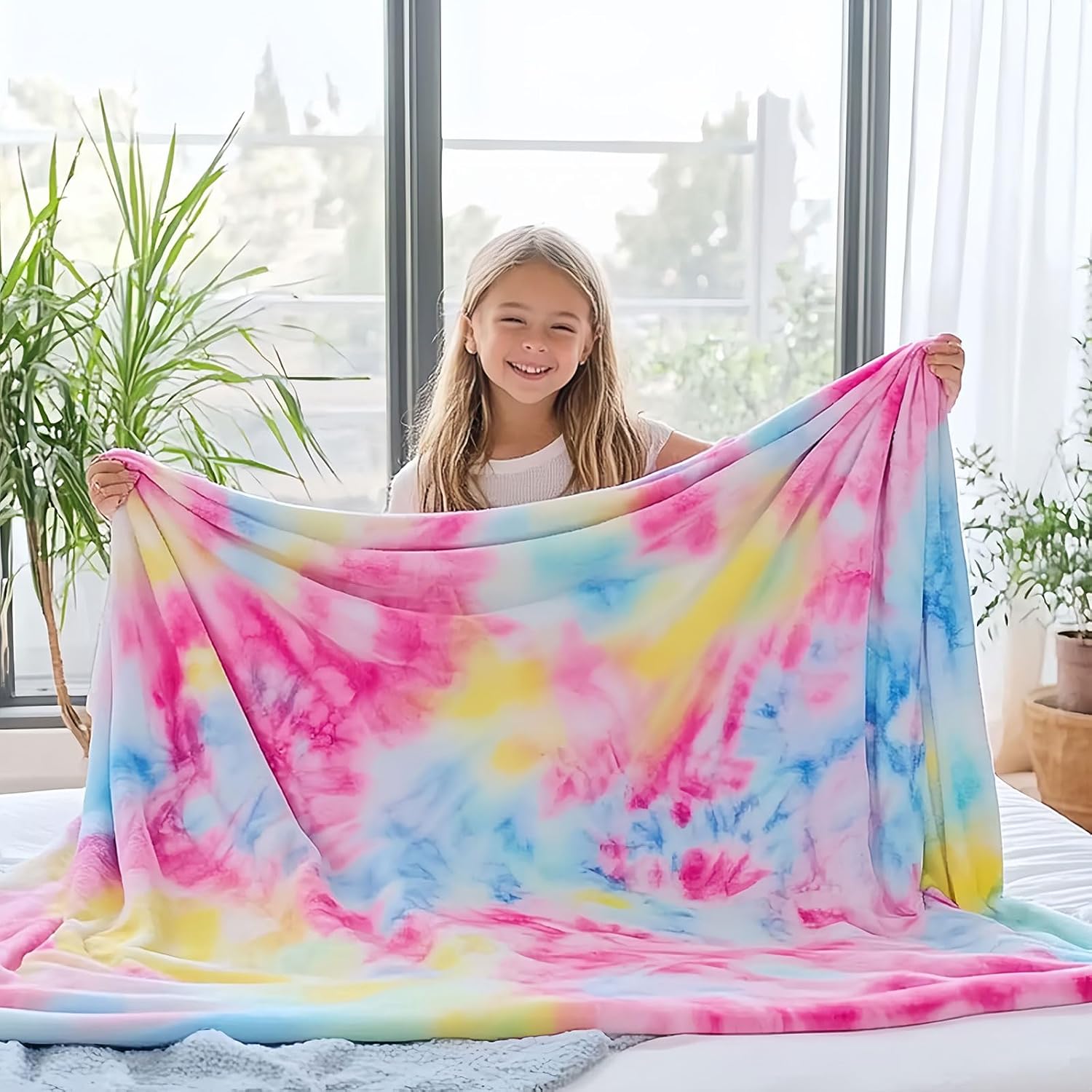 Ailemei Direct Rainbow Tie Dye Blanket for Girls, Soft Warm Bed Fleece Toddler Blankets for Teen Girl, Cute Funny Decorative Blankets for Adults Kid’s Gift, Pastel Plush Blanket, Hot Pink
