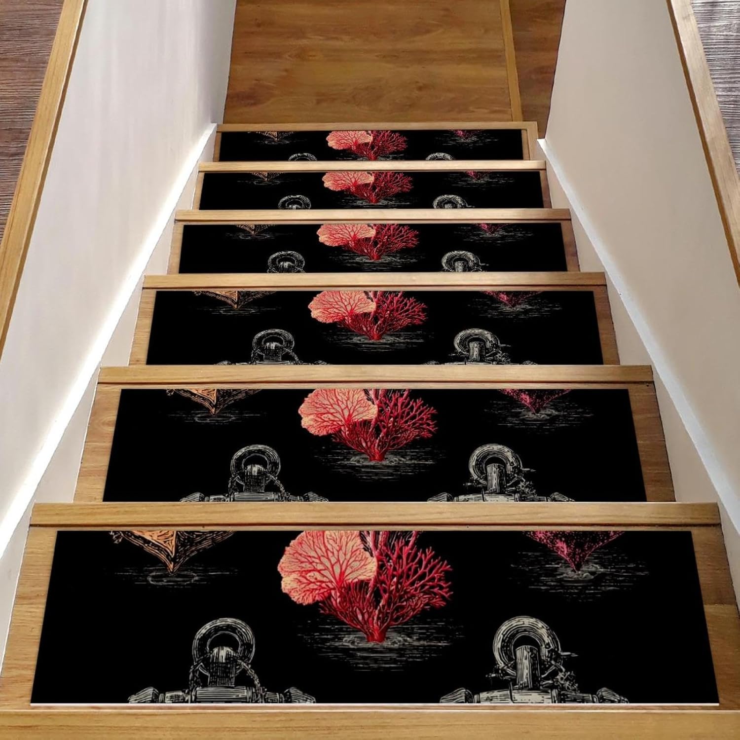 Nautical Anchors and Corals (3) Stair Treads for Wooden Steps Indoor Runner Rug Carpet, 15 Pieces Peel and Stick Staircase Step Treads Covers Washable Throw Door Mats 30"x8"