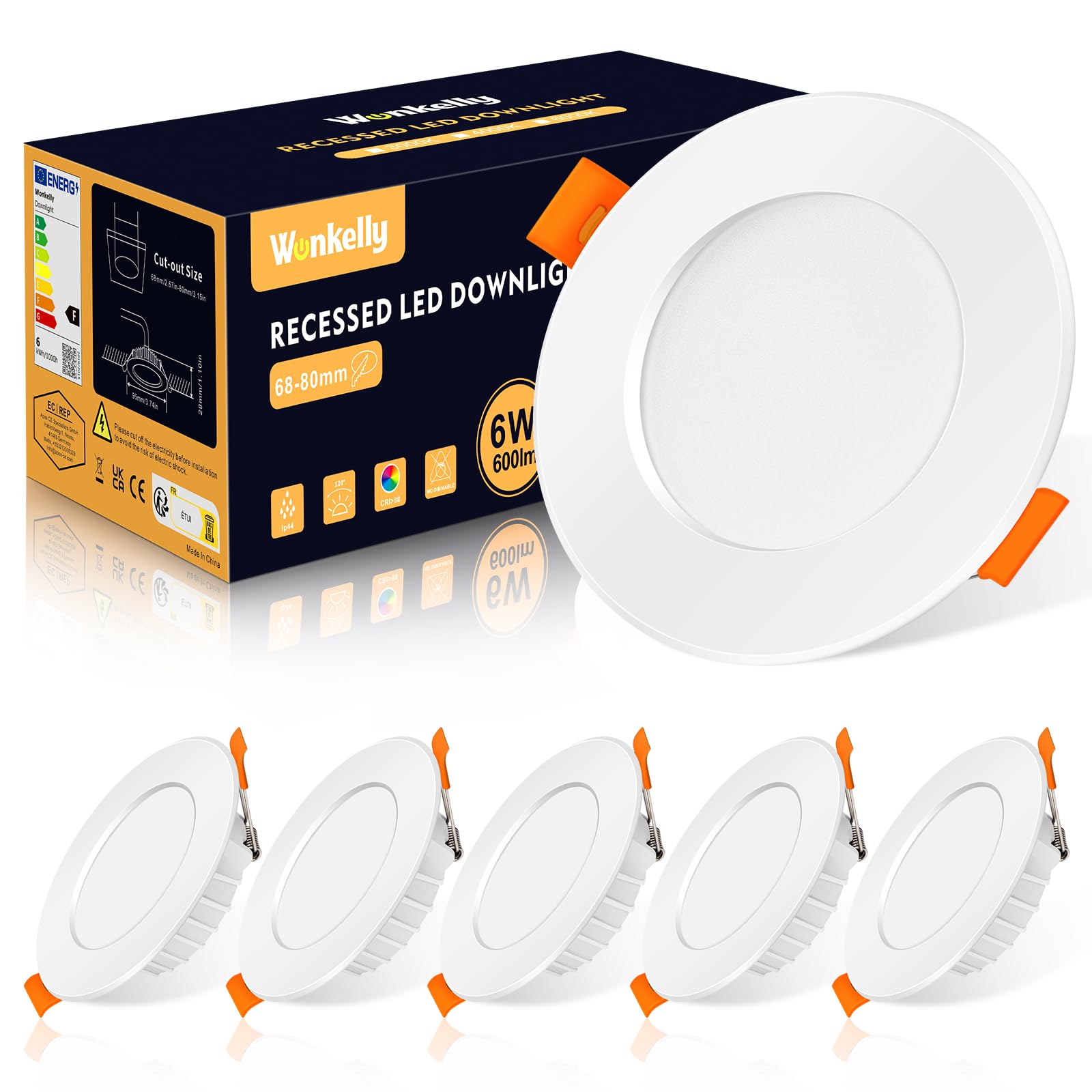 LED Einbaustrahler 230V, 6W Flach Deckenstrahler, LED Spot IP44, Neutralweiß 4000K Deckenspots, 600LM, 68-80mm EinbauØ, Bad Einbauleuchten für Badezimmer, Küche, Wohnzimmer, Flur, 6er Set