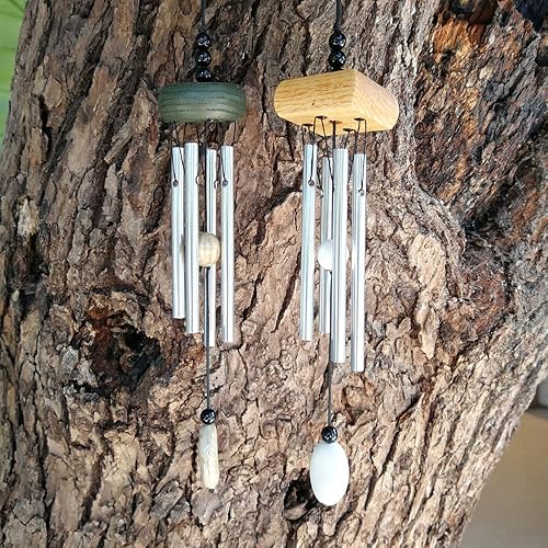Miniatura 5 de Paquete de 4 carillones de viento pequeños plateados con gotas de cerámica en blanco, campanillas de viento de jardín de metal con diferentes tubos
