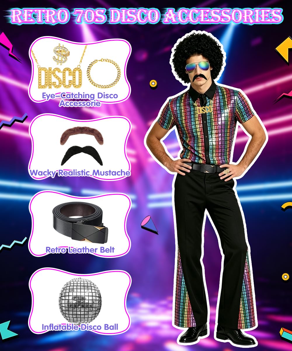 70er Jahre Outfit Herren, Disco Kostüm mit Perücke, Schnurrbart, Halskette, Faschingskostüme Herren, 70er Jahre Disco Kostüm für Karneval, Halloween, Cosplay und Party