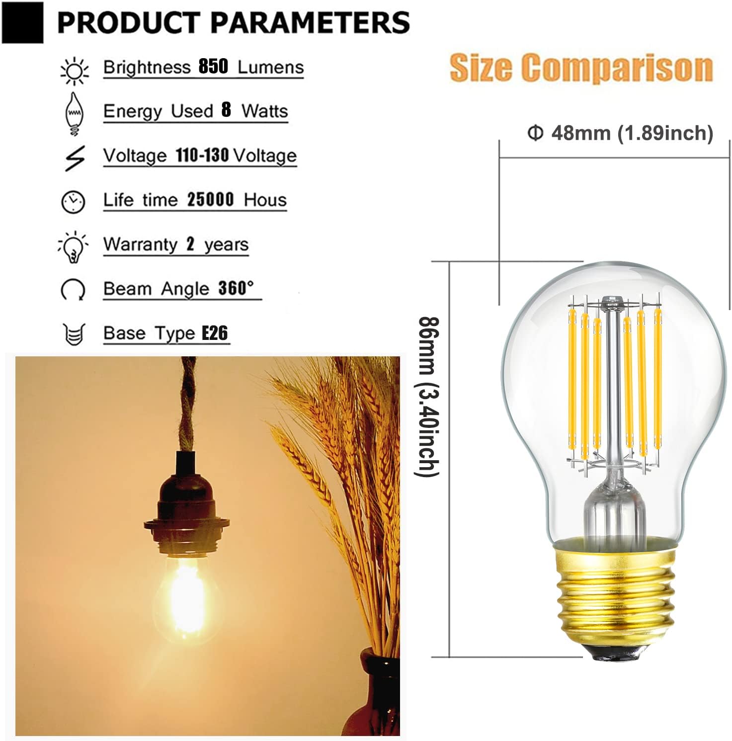 LEOOLS Dimmable E26 Edison Bulb A15 Light Bulb 8W Equal 100 watt Light Bulb AC120V 850LM Soft White 3000k E26 Light Bulb for Pendant,Chandeliers,Vanity,Wall sconces Edison Light Bulbs,6Pack.