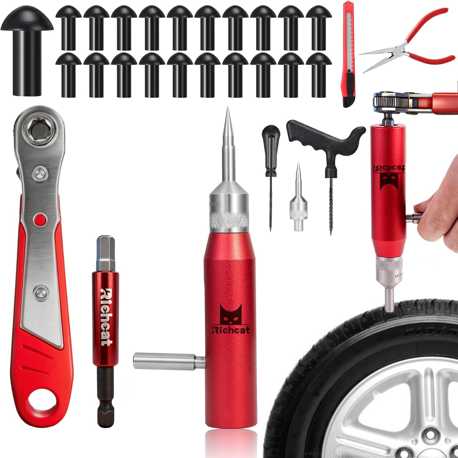 Richcat Tubeless Tire Puncture Repair Kit with Mushroom Plug, Repairs punctures and Flat Tires for Motorcycles, Cars, Trucks, ATVs and Tractors