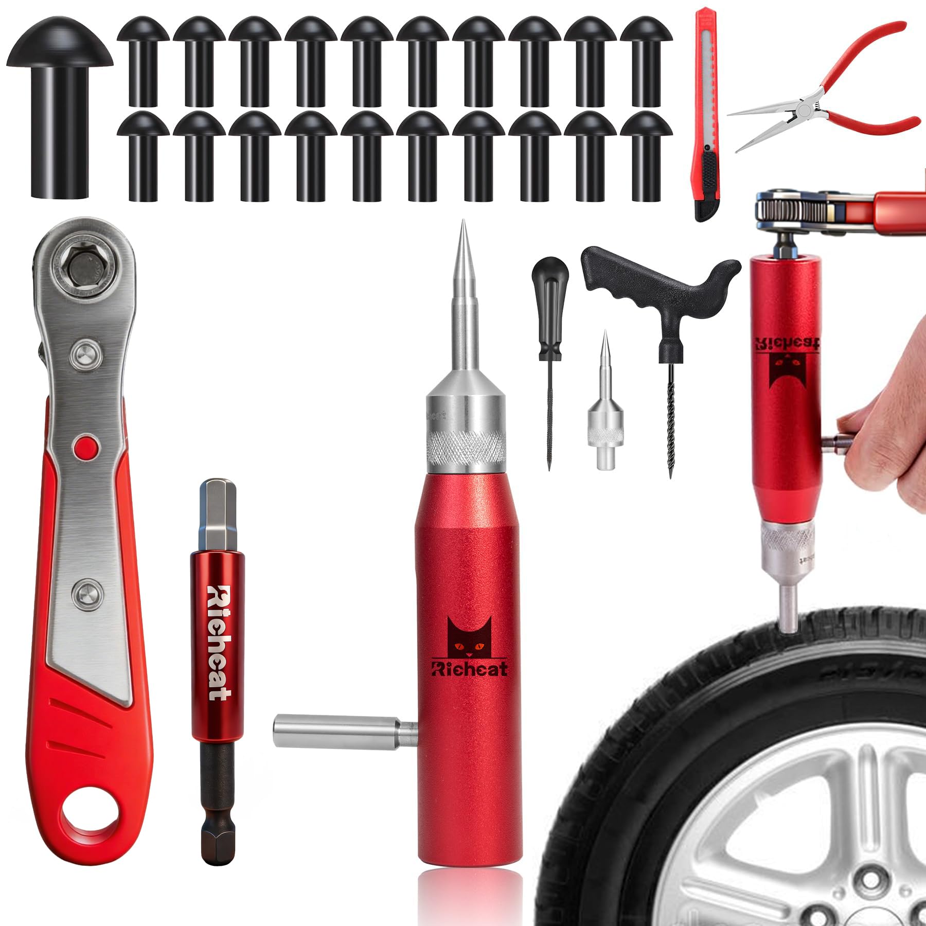 Richcat Tubeless Tire Puncture Repair Kit with Mushroom Plug