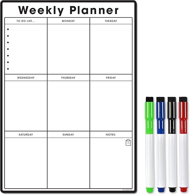TMS Magnetic Weekly Planner and Organiser A4 | Custom Whiteboard for Managing Tasks, to Do List, Shopping and Meal Planning | Comes with 4 Free Magnetic Dry Wipe Pen (Standard Black, A4)