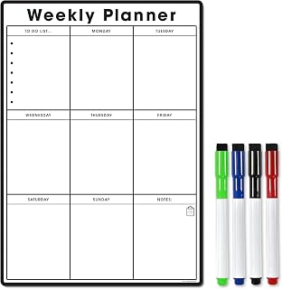 TMS Magnetic Weekly Planner and Organiser A4 | Custom Whiteboard for Managing Tasks, to Do List, Shopping and Meal Planning | Comes with 4 Free Magnetic Dry Wipe Pen (Standard Black, A4)
