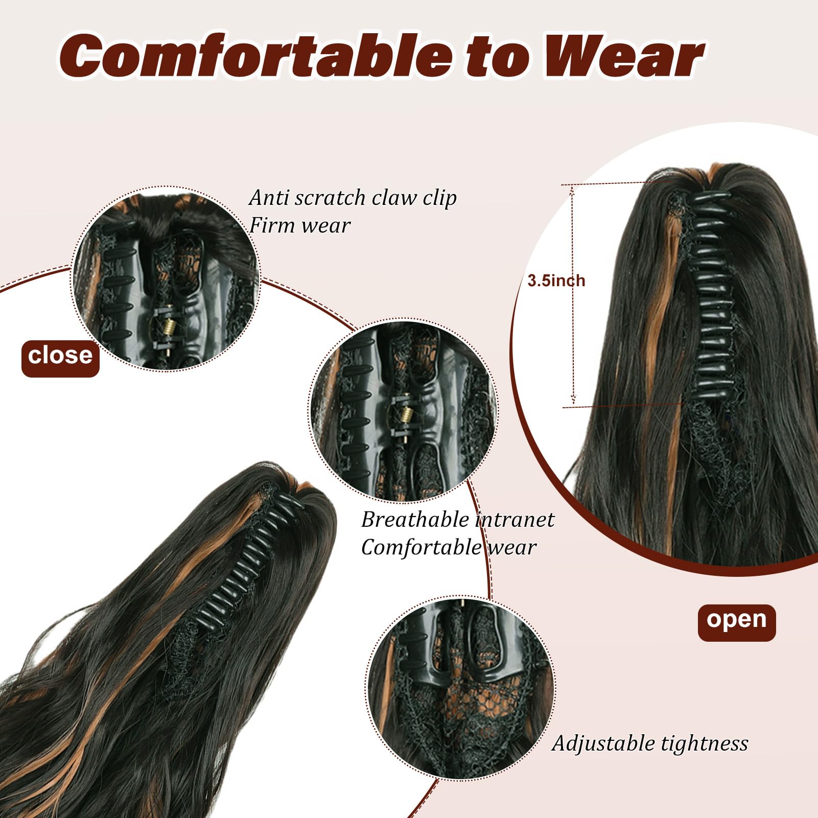 Dcbaboo Ponytail Extension Curly 18inch Claw Clip in Ponytail Hair Extensions Long Wavy Synthetic Pony tails Natural Wave One Piece Hairpiece Fake Ponytail for Women Dark Brown & Auburn - Image 2