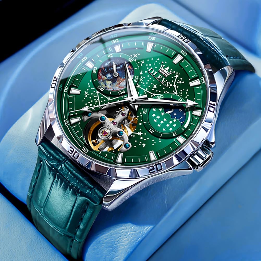 OLEVS Mens Leather Watches Automatic Mechanical Skeleton Tourbillon Diamond Luxury Self Winding Dress Wrist Watches Moon Phase Waterproof Luminous - Image 2