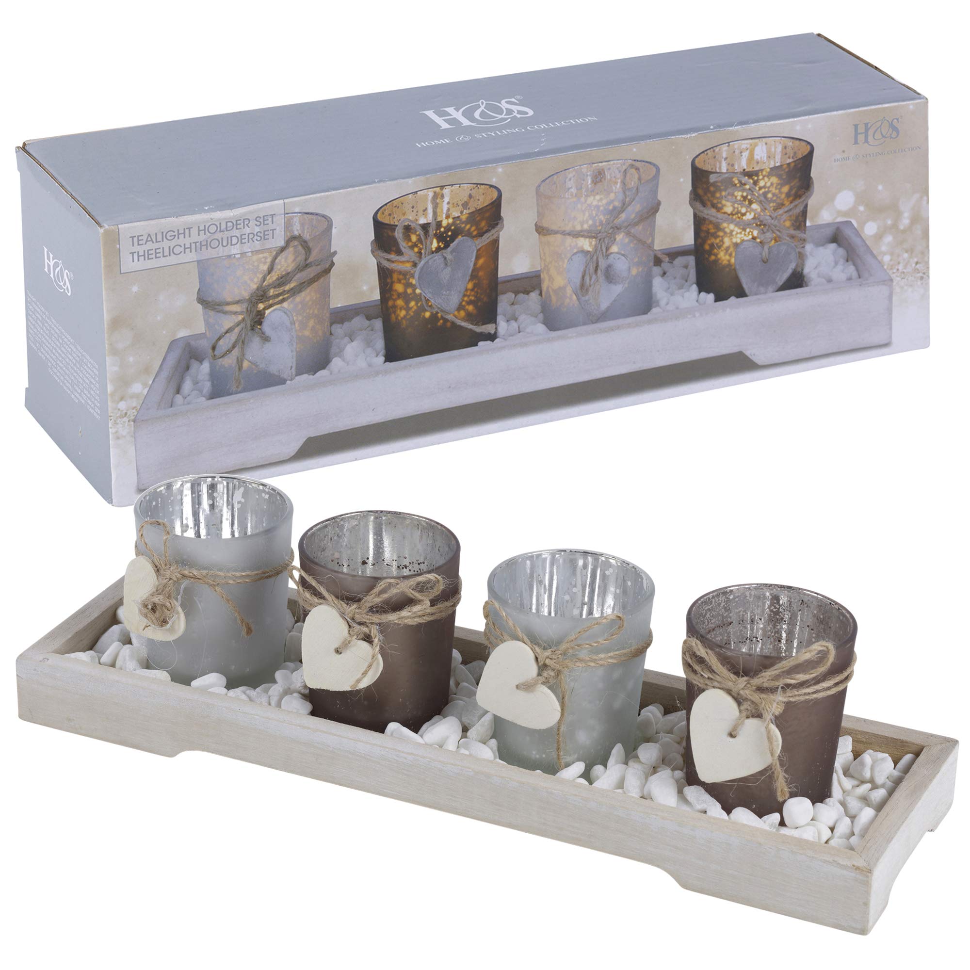 URBNLIVING Home Decor 4 Tea Light Holder With Wooden Tray (Brown and White)