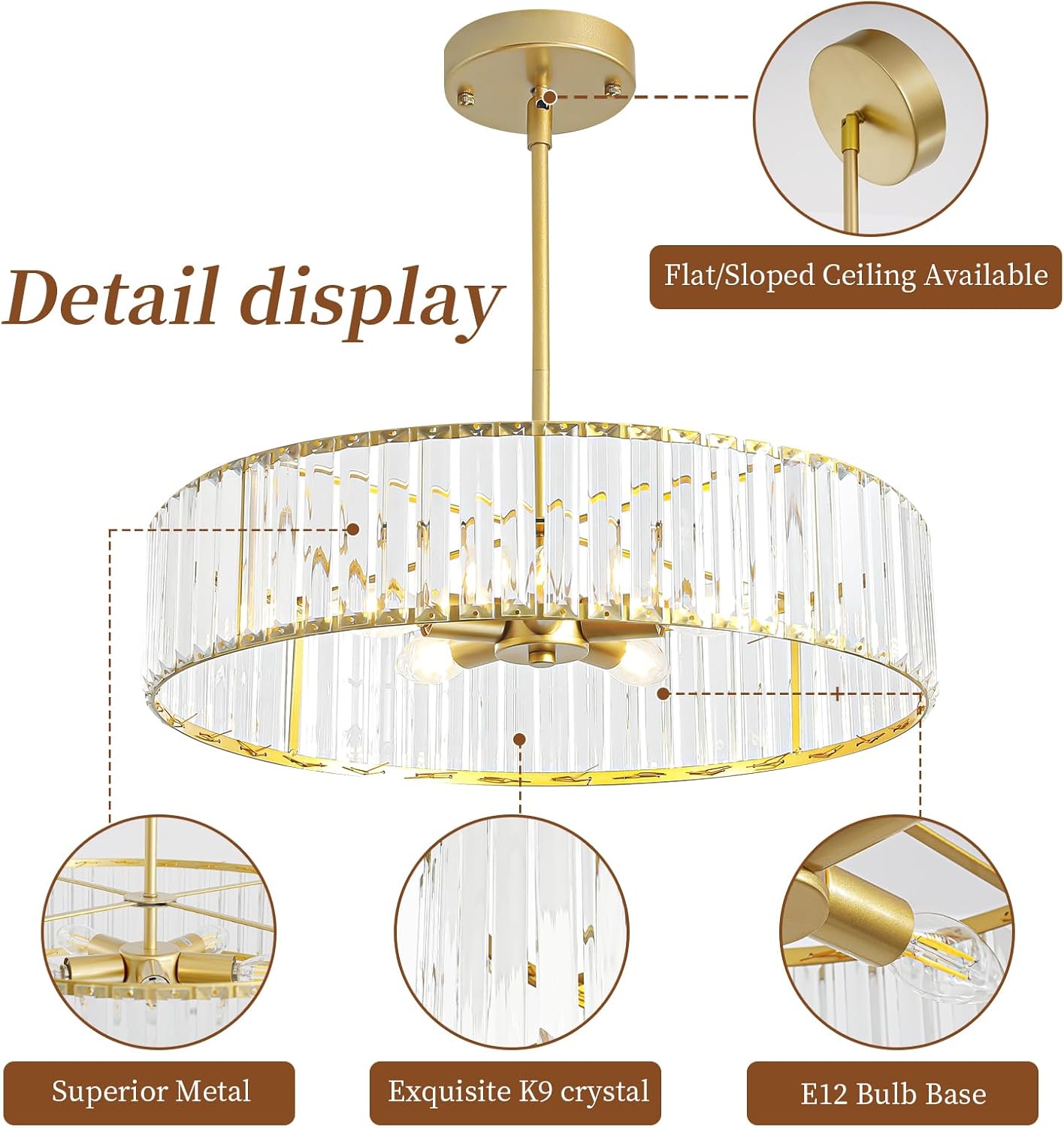 5-Light Gold Crystal Chandelier for Dining Room, Modern Semi Flush Mount Chandelier Lighting Fixtures, Round Kitchen Hanging Drum Pendant Lights Ceiling for Living Room Bedroom Entryway Foyer， 20 Inch