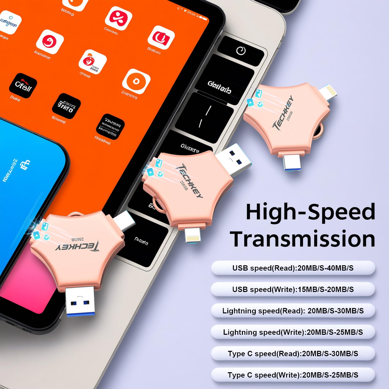Unidad flash certificada MFi para iPhone iPad de 256 GB, memoria externa 3 en 1, almacenamiento de fotos para imágenes, vídeos, ahorro de datos, copia de seguridad, USB 3.0 de alta velocidad, pulgar