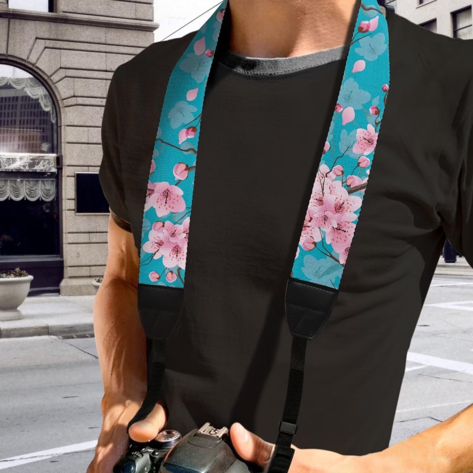 Goncariar Cherry Blossom Camera Neck Strap Blue Camera Strap for Photographers Beautiful Flower Camera Sling Adjustable Camera Shoulder Sling Strap with Quick Release Buckles