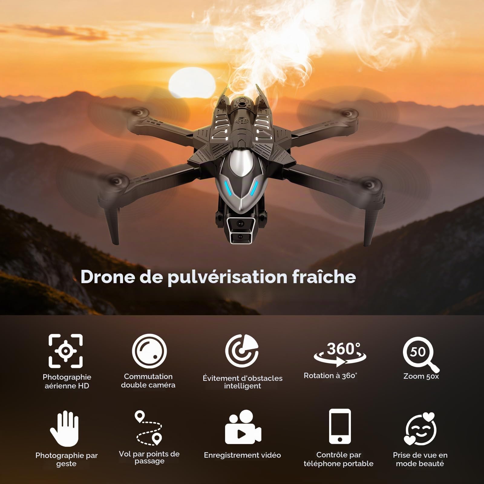 Drone avec Camera 4K pour Enfant et Adulte, Drones Radiocommandés, Quadcopter RC Pliable avec Effet de Pulvérisation, Moteur Brushless, Auto Hover, Selfie Gestuel, Jouet Cadeau pour Garçons et Filles