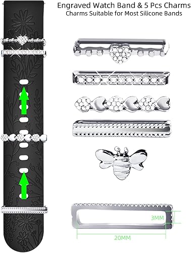 Miniatura 2 de Correas para Samsung Galaxy Watch 456 con dijes, correa de silicona grabada floral de 0.787 pulgadas con anillos decorativos para reloj 6Watch 5