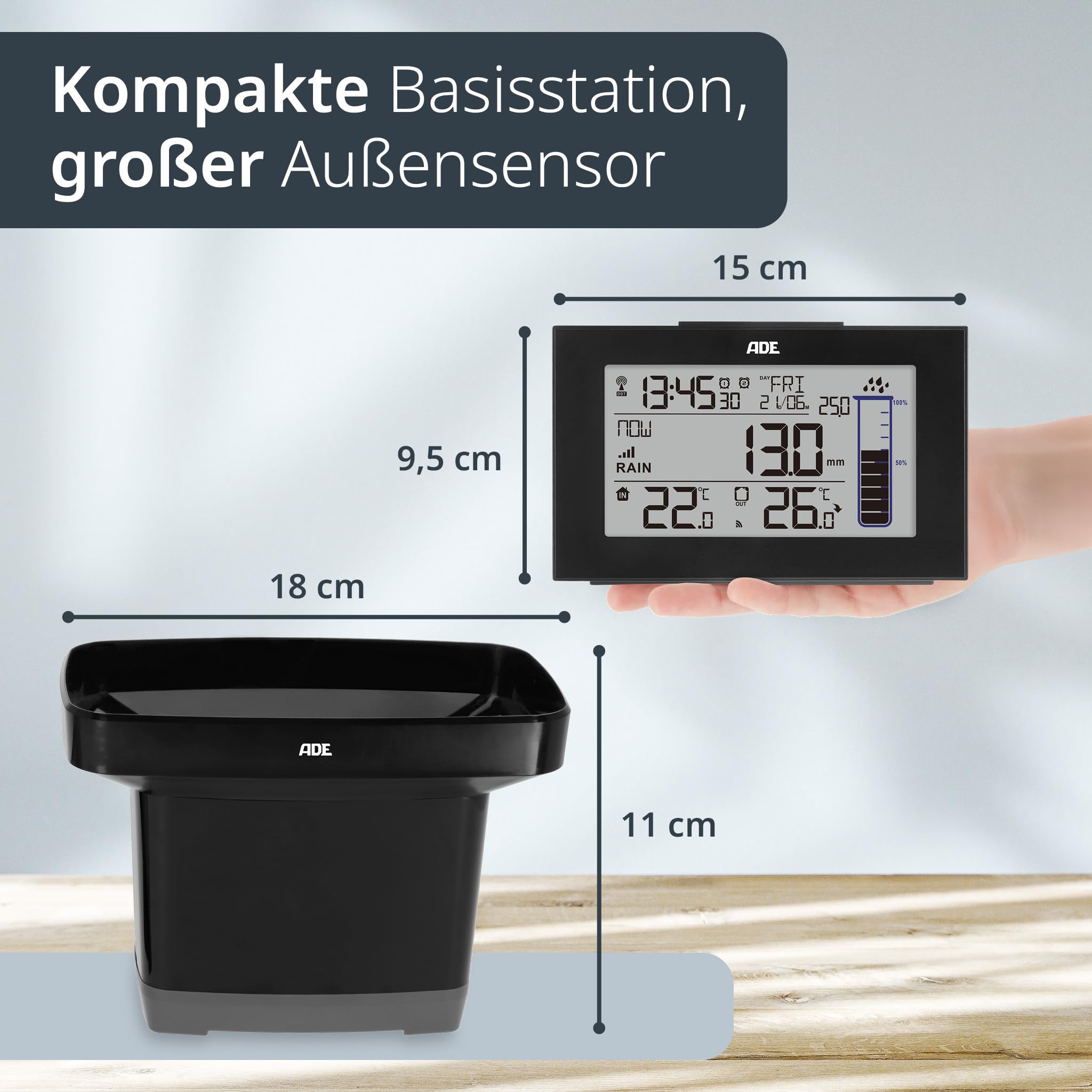 ADE Digitaler Regenmesser frostsicher mit Wetterstation | Funk-Außenthermometer für den Garten | Innenthermometer | Funkwecker mit 2 Weckzeiten | mit Datumsanzeige | inkl. Batterien