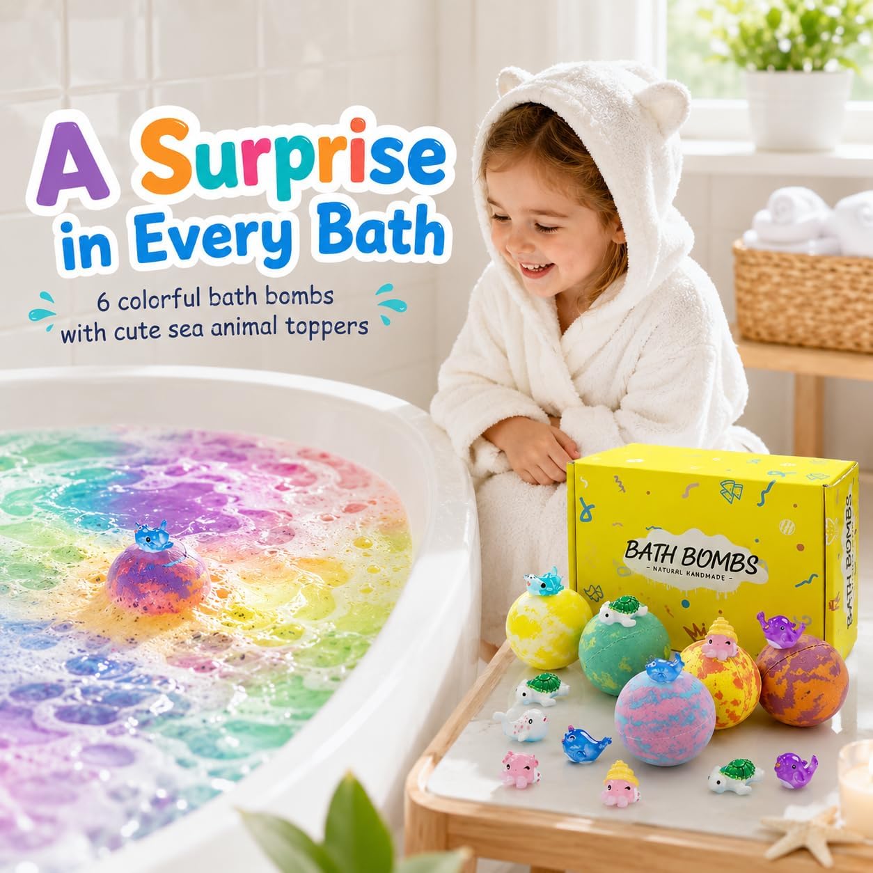 Bath Bombs for Kids with Surprise Inside, 6 PCS Bath Bombs Gift Set with Sea Animal Toys, Fizzy Bubble Bath Bombs with 6 Scents for Girls Ages 3+, Kids Bath Bombs for Toddler Christmas Birthday Gifts