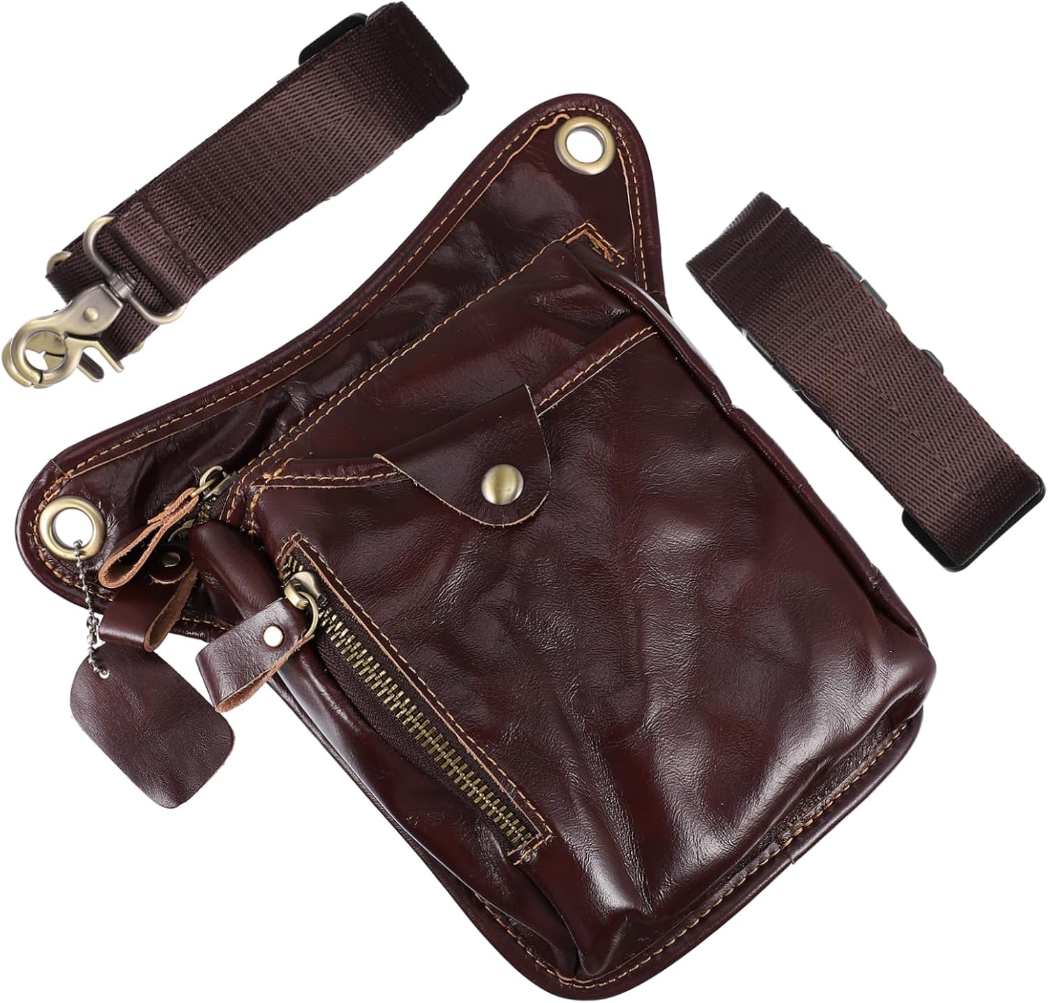Milisten Vintage PU Leather Cycling Phone Pouch for Men Outdoor Waist Bag Multi-Pockets Adjustable Strap for Hiking and Riding