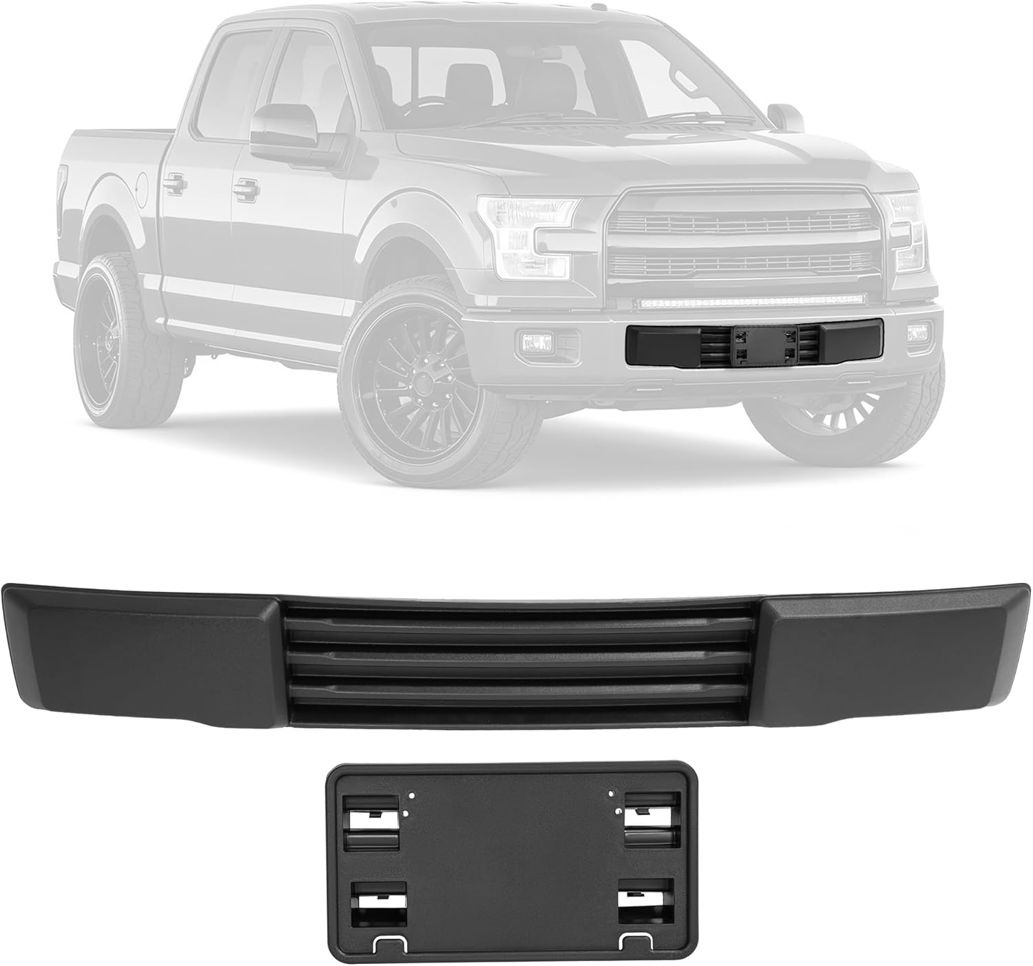 ALMULOO Front Bumper Cover & License Plate Bracket Compatible with 2015-2017 Ford F150 W/O Engine Block Heater Option&Grille Shudders Replace for FL3Z17E810AA FL3Z17A385A FO1044108 FO1068165 FO1044109