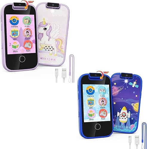 Juguetes de teléfono inteligente azul y morado para niños con cámara giratoria de 180, juguetes de teléfono para niños pequeños con juegos de