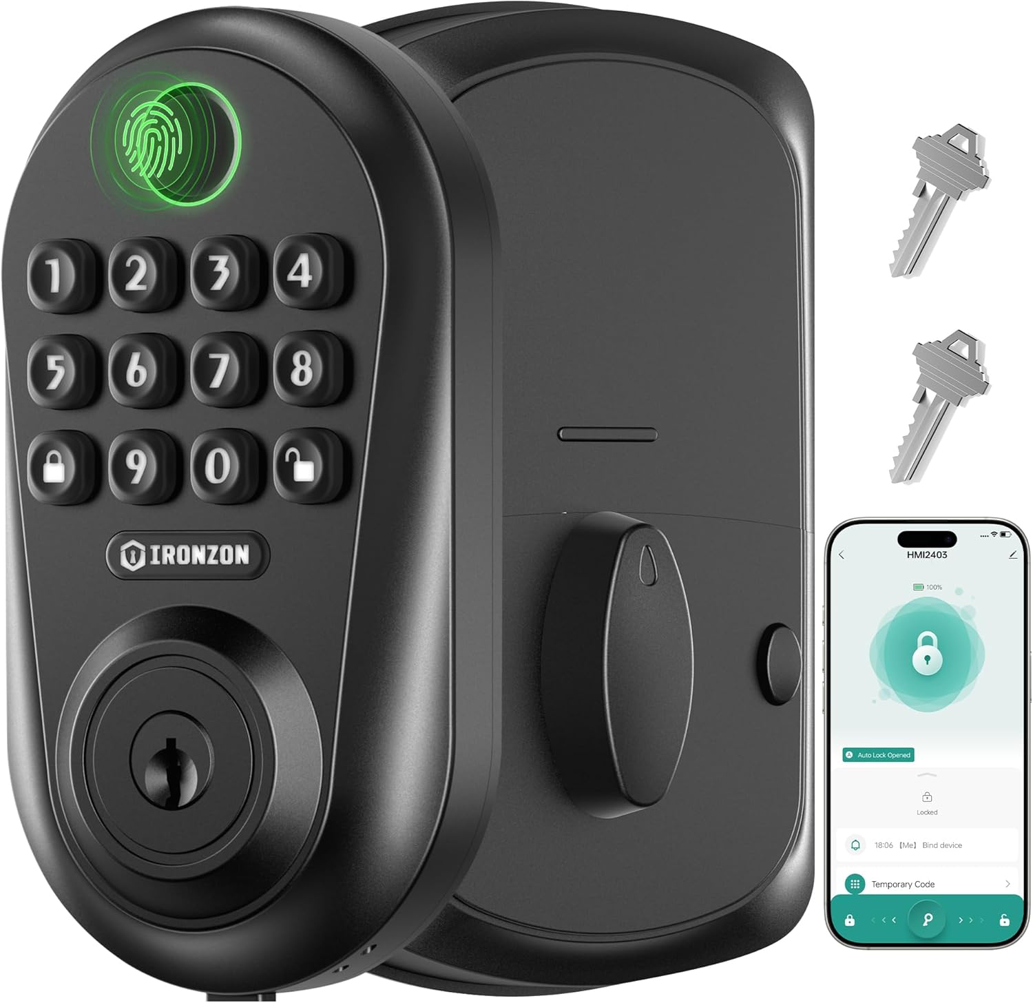 IRONZON Keyless Entry Door Lock - 350Y 5-in-1 Fingerprint Smart Locks for Front Door,Keyless Entry Door Lock with Keypad Deadbolt, Biometric Electronic Lock for Front Door - Black
