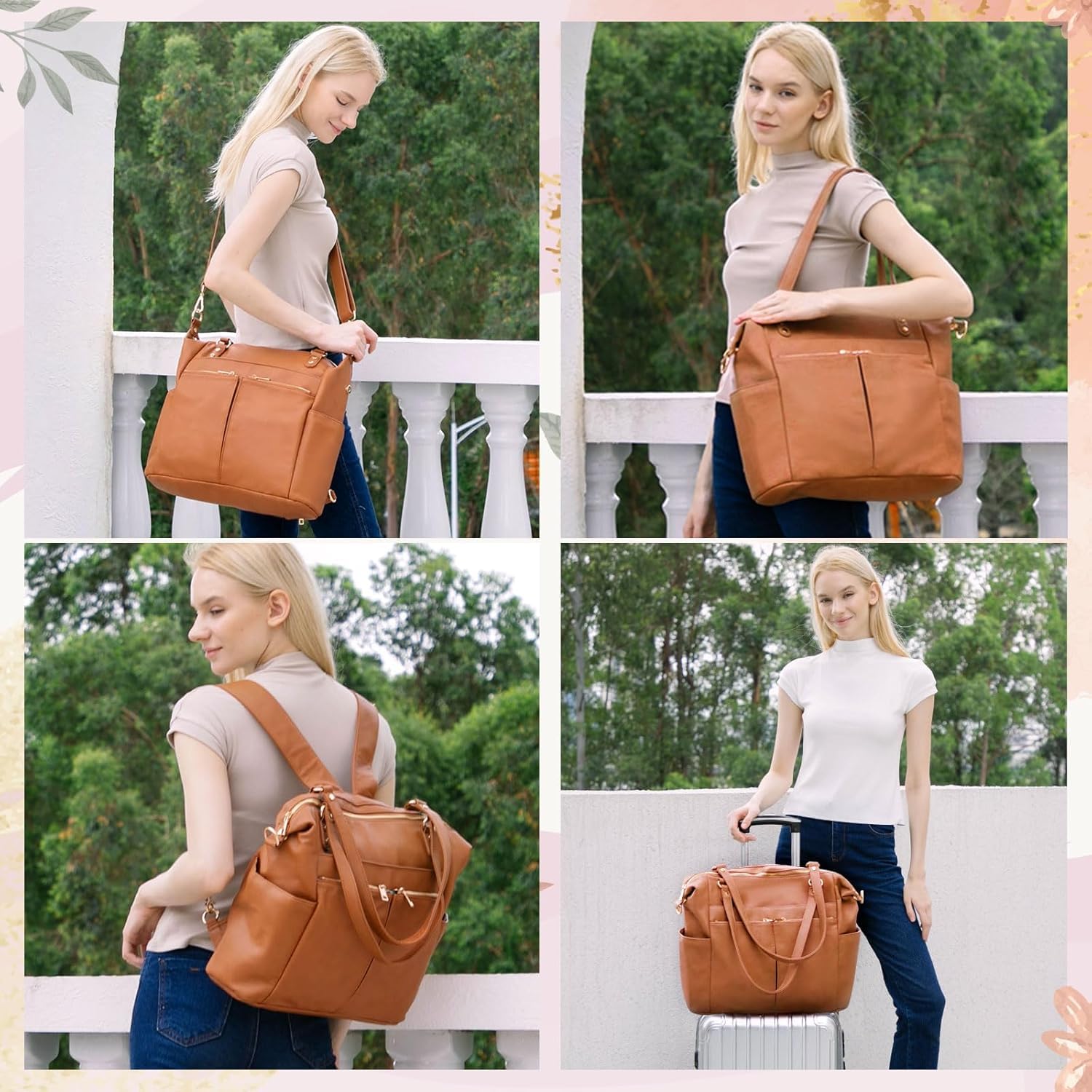 MISS FONG Wickelrucksack Wickeltasche Leder, Baby Rucksack Wickelrucksack Große Kapazität Mit 13 Wickeltasche Organizer, Wickelunterlage für Mama & Papa Wasserdichter Rucksack-Braun