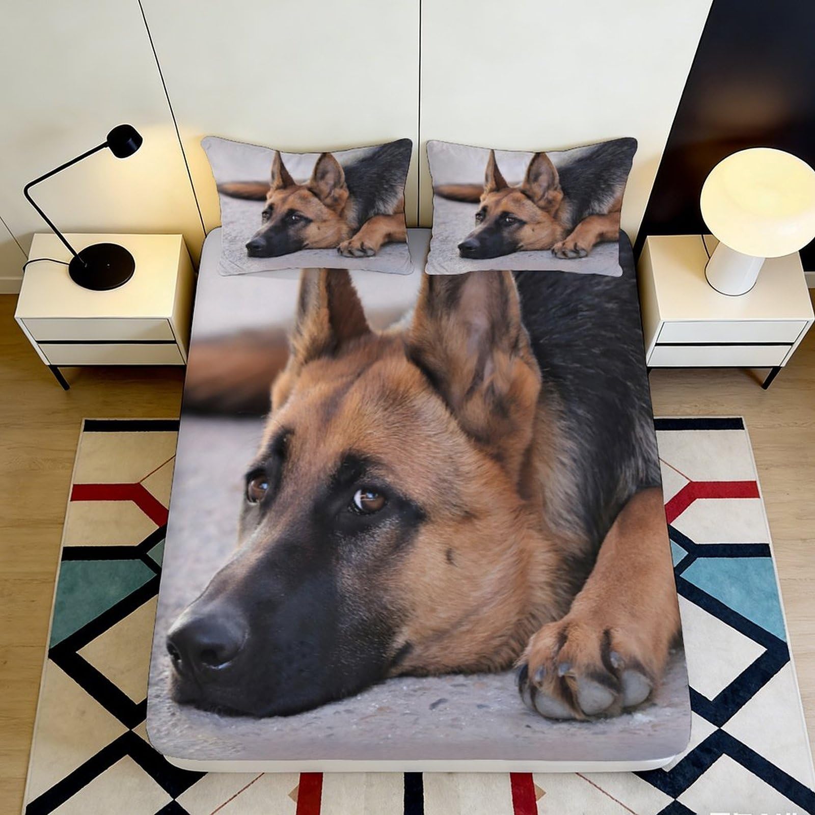 3D Printed German Shepherd Dog Fitted Sheet Microfiber Soft Durable Protective 3D Printed Canine Mattress Cover for Bedroom Dormitory Guest Room 160x200x25cm