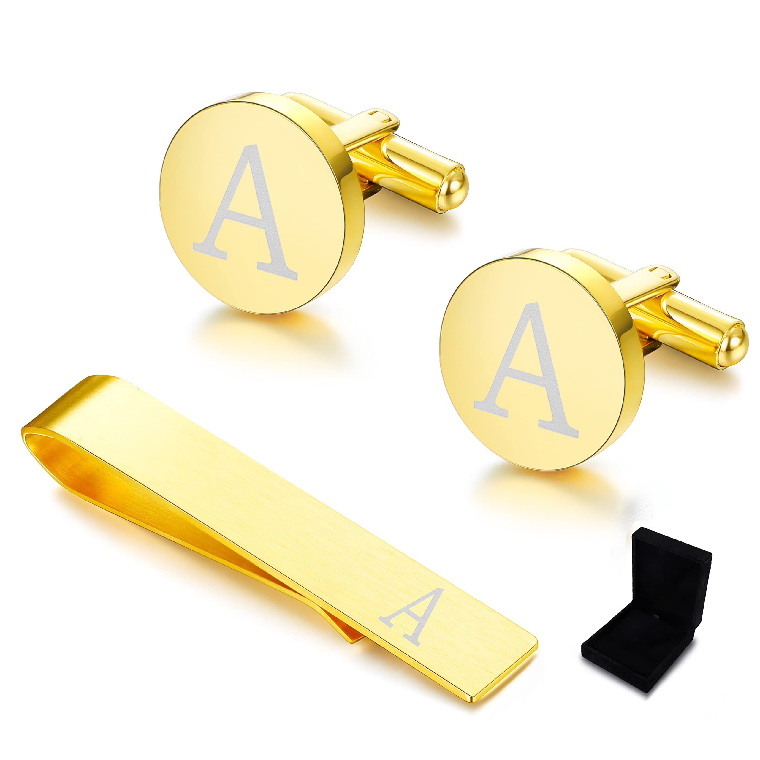 Diamday Initial Gemelos & Pasador de Corbata para Hombre Personalizada de oro de acero inoxidable Gemelos y Corbata Bar Letra del alfabeto A-Z Regalo con Caja para La Boda, Los Padrinos, Marido, Padre