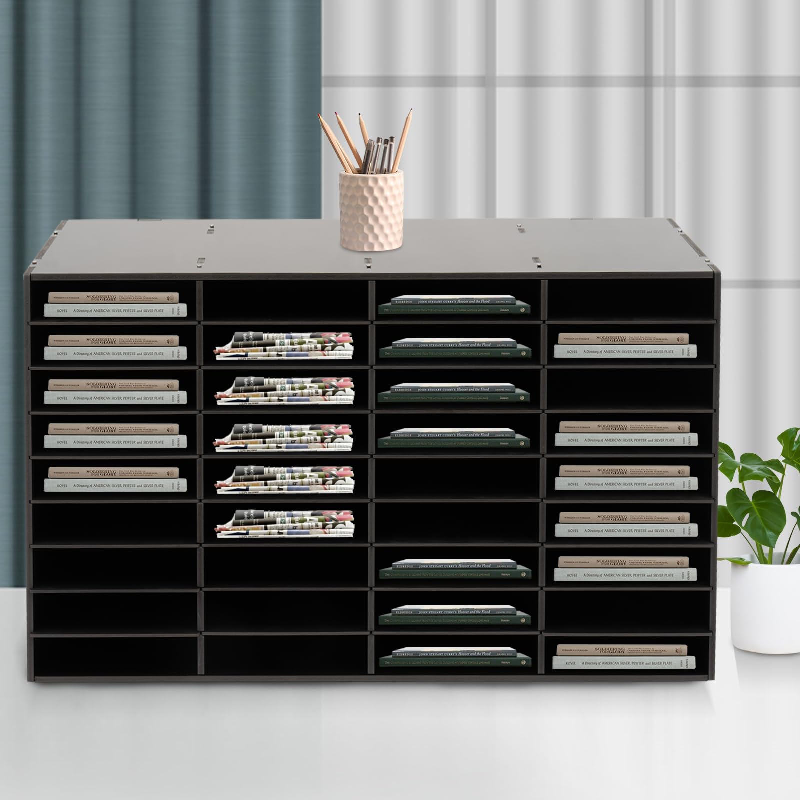 Pinkelin 36 Compartment Literature Organizer- Vertical Desktop Sorter with Adjustable Shelves, Office Classroom Mailbox& Paper Storage for Office Home School, Black