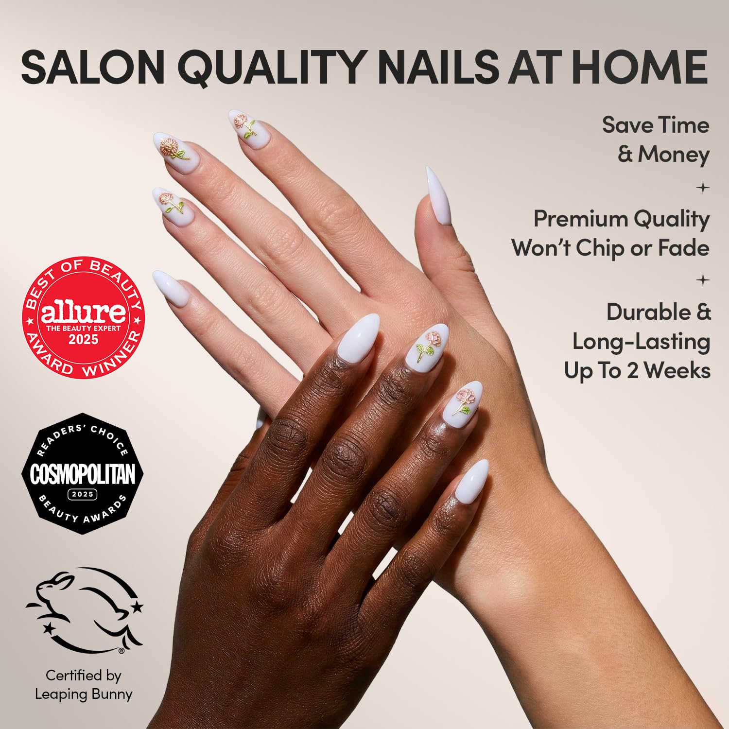 Valentines Day Glamnetic Press on Nails, unghie finte a mandorle corte su base bianca lattea con rose 3D in finitura lucida, qualità salone, 15 misure - 30 pezzi con colla