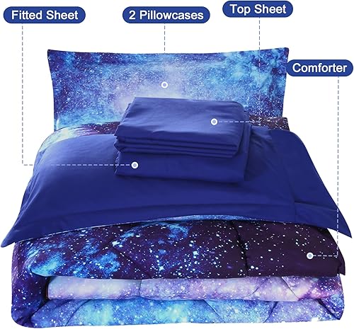 Miniatura 6 de Wowelife Galaxy Bedding - Juego de edredón de 5 piezas para niños y niñas con edredón, sábana encimera, sábana bajera y 2 fundas de almohada, tamaño
