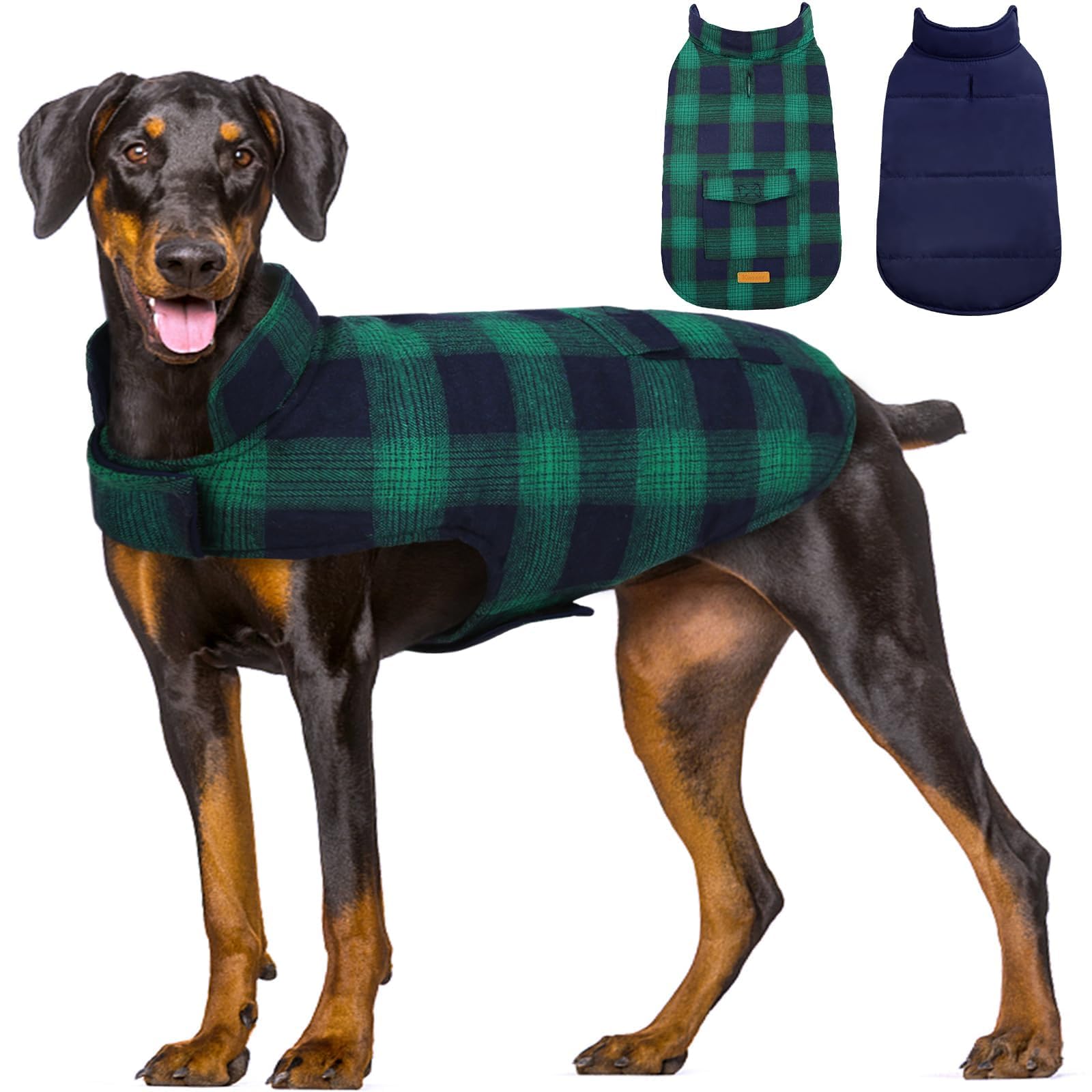 Dog Winter Coat, Reversible Dog Jacket, Warm Doggie Coat British Style Puppy Cold Weather Coats, Windproof Pet Clothes for Extra Large Dogs Green XXXL