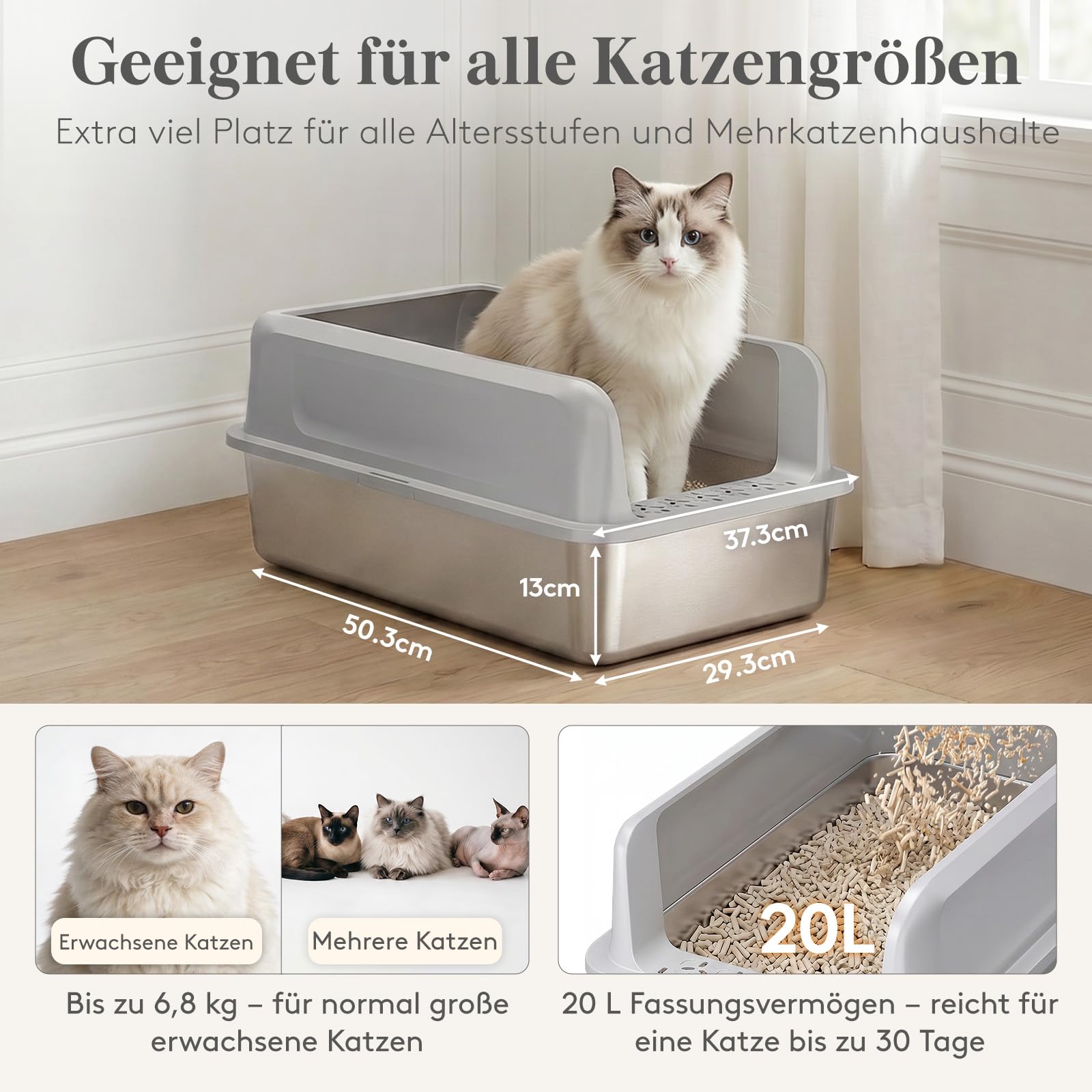 Lifewit Große Katzenklo Edelstahl mit Schaufel, Offene Katzentoilette mit hohem Rand für Mittelgroße und Große Katzen, Geruchsarm Katzen Klo, Cat Litter Box, leicht zu reinigen, 58x37x26cm, Grau
