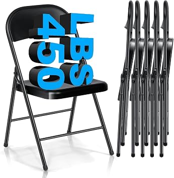 Folding Chairs Set of 6, Black Metal Folding Chair with Steel Frame for Home Office and Party, Indoor and Outdoor Events, 450 lb Capacity Black, Set of 6