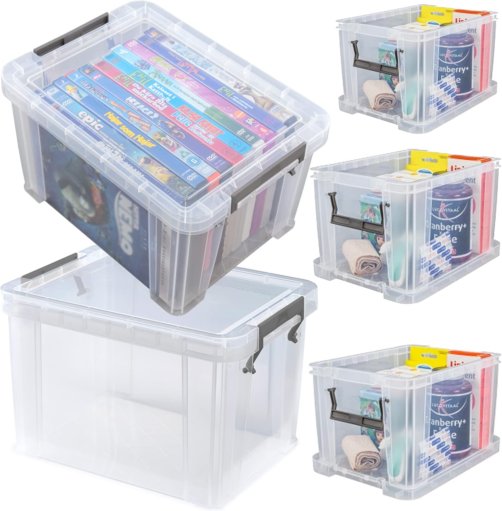 Really Large Storage Boxes 36L, 54L & Huge 85L Plastic Storage Box Clear, Clip Locked, Stackable & Nestable Multipurpose Storage Container Box (54L, 3 Containers & Lids)