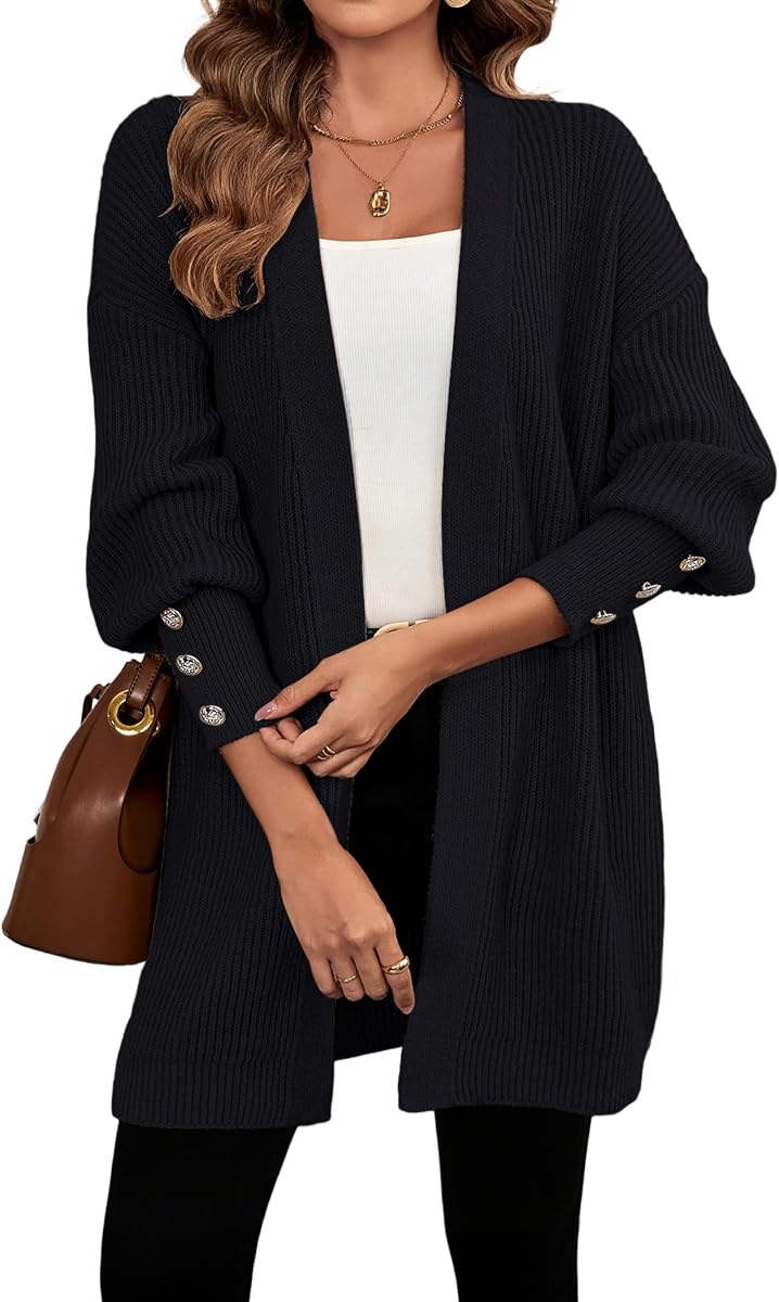 SunnyMelody Women's Chunky Knit Lantern Sleeve Cardigan