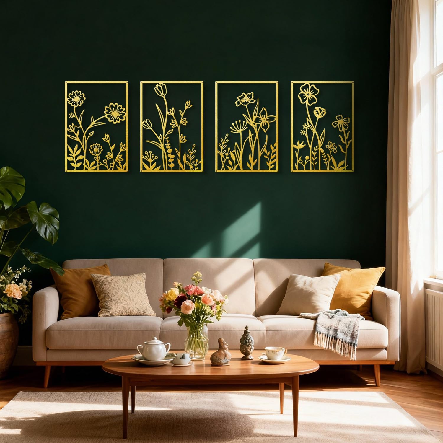 Sokurdeg Black Metal Flowers Wall Decor, Minimalist Floral Metal Wall Hanging Art, Black Abstract Rustic Flower Line Wall Sculptures for Bedroom Bathroom Living Room (4 Pcs, 15.7 x 22.5 in)