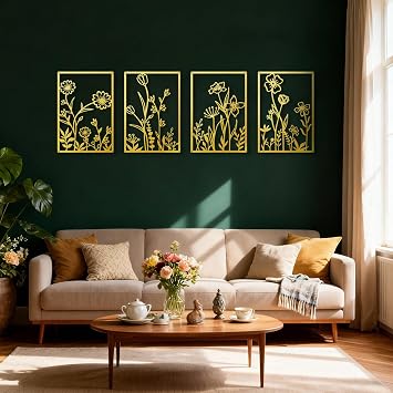 Sokurdeg Gold Metal Flowers Wall Decor, Minimalist Floral Metal Wall Hanging Art for Bedroom Bathroom Living Room 4 Pcs, 15.7 x 22.5 in